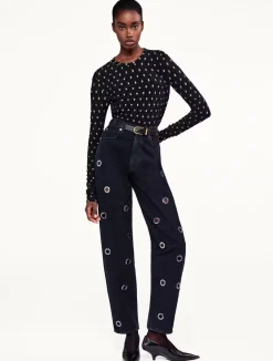 Long Sleeves*Frame - Dotted Stretch Mesh Top BLACK MULTI