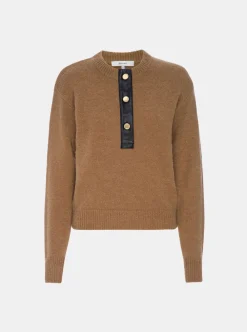 Wool & Cashmere*Frame - Leather Placket Henley CAMEL