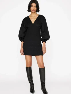 Occasions|Short*Frame - V Neck Smocked Dress BLACK