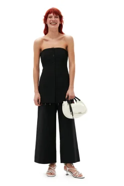 Trouser*Ganni - Cotton Suiting Cropped Wide Pants BLACK