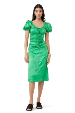 Midi*Ganni - Crinkled Satin Gathered U-neck Midi Dress BRIGHT GREEN