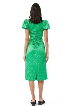 Midi*Ganni - Crinkled Satin Gathered U-neck Midi Dress BRIGHT GREEN