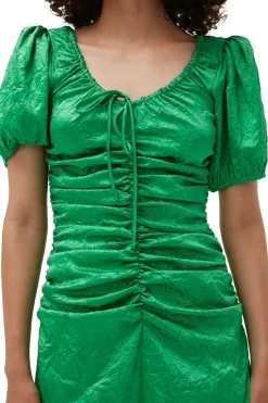 Midi*Ganni - Crinkled Satin Gathered U-neck Midi Dress BRIGHT GREEN