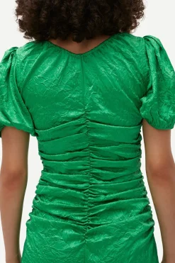 Midi*Ganni - Crinkled Satin Gathered U-neck Midi Dress BRIGHT GREEN