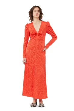 Long*Ganni - Crinkled Satin Long Dress GRENADINE