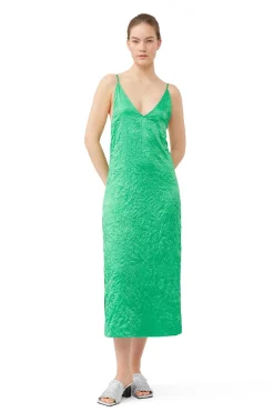 Long*Ganni - Crinkled Satin Slip Dress BRIGHT GREEN