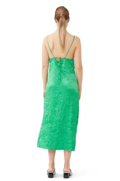 Long*Ganni - Crinkled Satin Slip Dress BRIGHT GREEN
