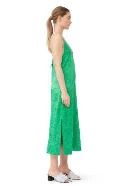 Long*Ganni - Crinkled Satin Slip Dress BRIGHT GREEN