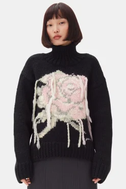 Wool & Cashmere*Ganni - Graphic Wool Handknit Turtleneck BLACK