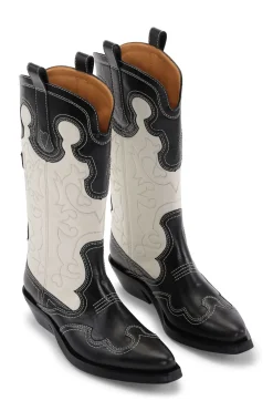 Booties & Boots*Ganni - Mid Shaft Embroidered Western Bicolor BLACK/EGRET