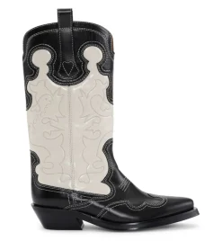 Booties & Boots*Ganni - Mid Shaft Embroidered Western Bicolor BLACK/EGRET