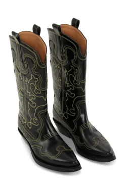 Booties & Boots*Ganni - Mid Shalf Embroidered Western Boot BLACK