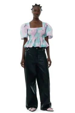 Blouses & Shirts*Ganni - Printed Cotton Open-Neck Smock Blouse LILAC SACHET