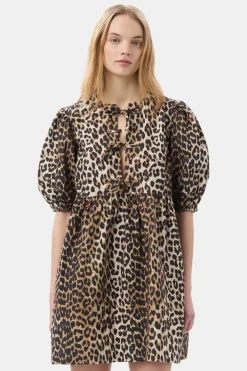 Short*Ganni - Printed Cotton Tie String Mini Dress LEOPARD