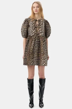 Short*Ganni - Printed Cotton Tie String Mini Dress LEOPARD