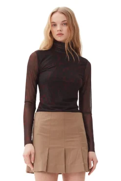 Long Sleeves*Ganni - Printed Mesh Long Sleeve Rollneck BITTER CHOCOLATE