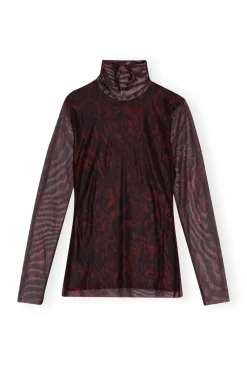 Long Sleeves*Ganni - Printed Mesh Long Sleeve Rollneck BITTER CHOCOLATE