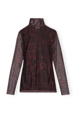 Long Sleeves*Ganni - Printed Mesh Long Sleeve Rollneck BITTER CHOCOLATE