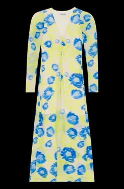 Long*Ganni - Printed Mesh V-neck Long Dress STRONG BLUE