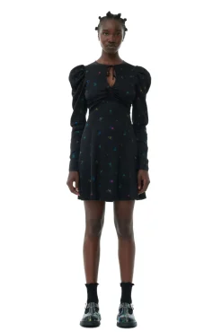 Short*Ganni - Printed Satin Long Sleeve Mini Dress BLACK