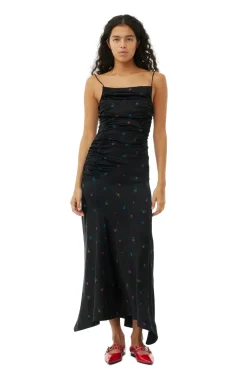 Long*Ganni - Printed Satin Ruched Long Slip Dress BLACK
