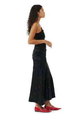 Long*Ganni - Printed Satin Ruched Long Slip Dress BLACK