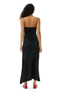 Long*Ganni - Printed Satin Ruched Long Slip Dress BLACK