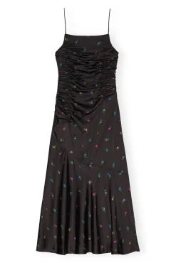 Long*Ganni - Printed Satin Ruched Long Slip Dress BLACK