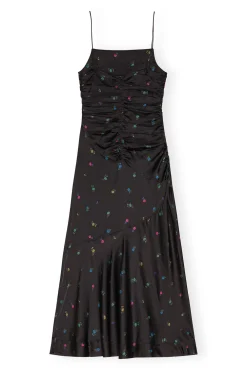 Long*Ganni - Printed Satin Ruched Long Slip Dress BLACK