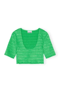 Short Sleeves*Ganni - Short Blouse Smockée en Satin Froissé BRIGHT GREEN