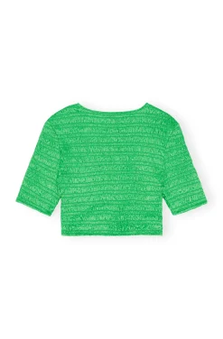 Short Sleeves*Ganni - Short Blouse Smockée en Satin Froissé BRIGHT GREEN