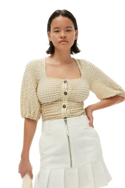 Blouses & Shirts*Ganni - Stretch Seersucker Gathered Blouse PALE KHAKI