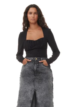 Blouses & Shirts*Ganni - Stretch Seersucker Blouse BLACK