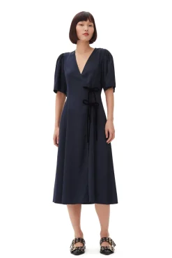 Midi*Ganni - Viscose Twill Wrap Midi Dress SKY CAPTAIN