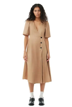 Long*Ganni - Viscose Twill Wrap Midi Dress TIGER EYE