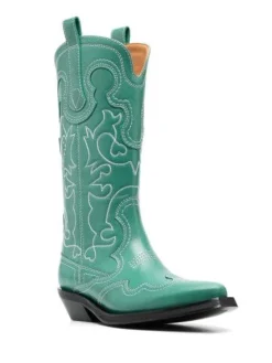 Booties & Boots*Ganni - Western Boots with Embroidery BOTTLE GREEN