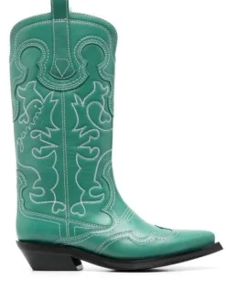 Booties & Boots*Ganni - Western Boots with Embroidery BOTTLE GREEN