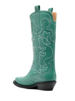 Booties & Boots*Ganni - Western Boots with Embroidery BOTTLE GREEN
