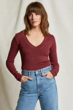 Long Sleeves*Perfectwhitetee - Viola V-Neck Long Sleeve CRANBERRY