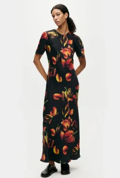Occasions|Long*silk laundry - Short Sleeve Bias Cut Dress TULIPA BLACK