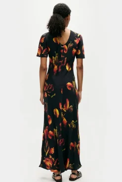 Occasions|Long*silk laundry - Short Sleeve Bias Cut Dress TULIPA BLACK