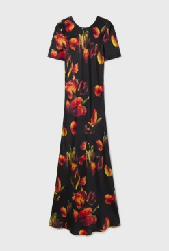 Occasions|Long*silk laundry - Short Sleeve Bias Cut Dress TULIPA BLACK