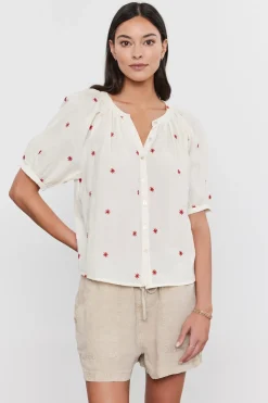 Blouses & Shirts*Velvet - Amira DS Novelty Embroidery Top CREAM