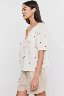 Blouses & Shirts*Velvet - Amira DS Novelty Embroidery Top CREAM