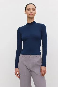 Long Sleeves*Velvet - Nadene Gauzy Whisper Novelty Mock Neck MIDNITE