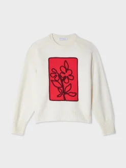Wool & Cashmere*White and Warren White + Warren - Cashmere Floral Applique Crewneck SOFT WHITE/BRIGHT SCARLET