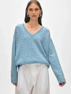 Wool & Cashmere*White and Warren White + Warren - Cashmere Featherweight Cable Vneck SLATE BLUE