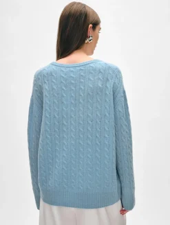 Wool & Cashmere*White and Warren White + Warren - Cashmere Featherweight Cable Vneck SLATE BLUE