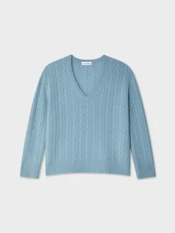 Wool & Cashmere*White and Warren White + Warren - Cashmere Featherweight Cable Vneck SLATE BLUE